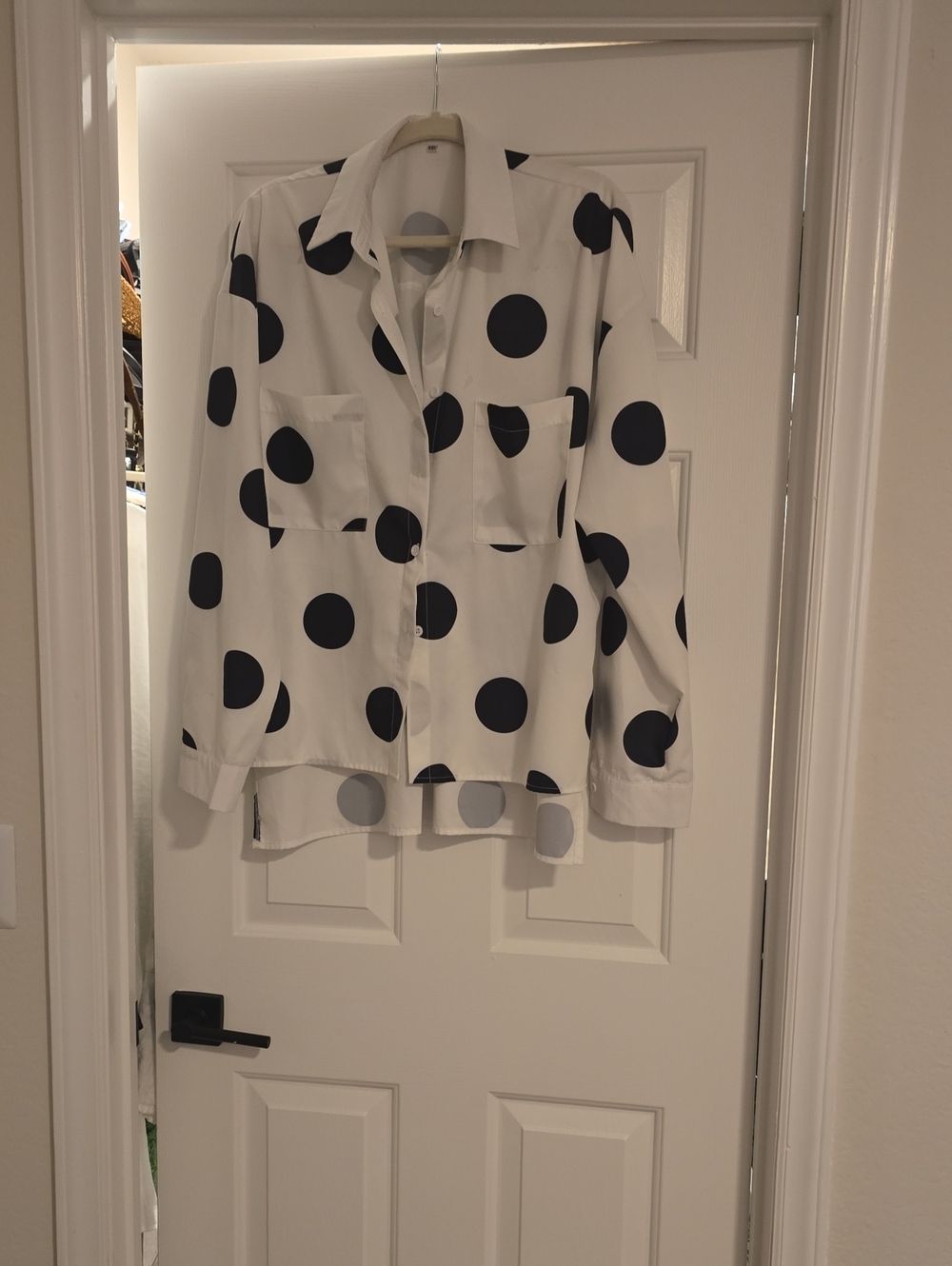 White Button-Up Blouse with Black Polka Dots